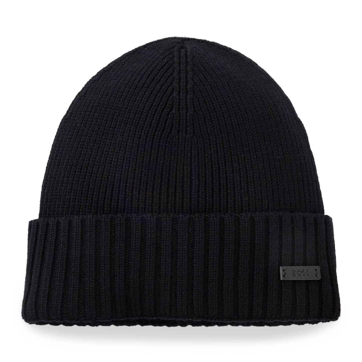 BOSS Black Ribbed Beanie with Logo Tag