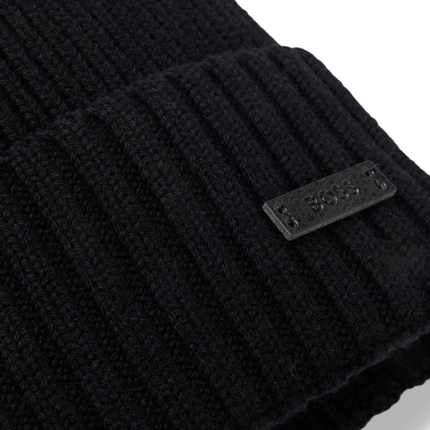 BOSS Black Ribbed Beanie with Logo Tag