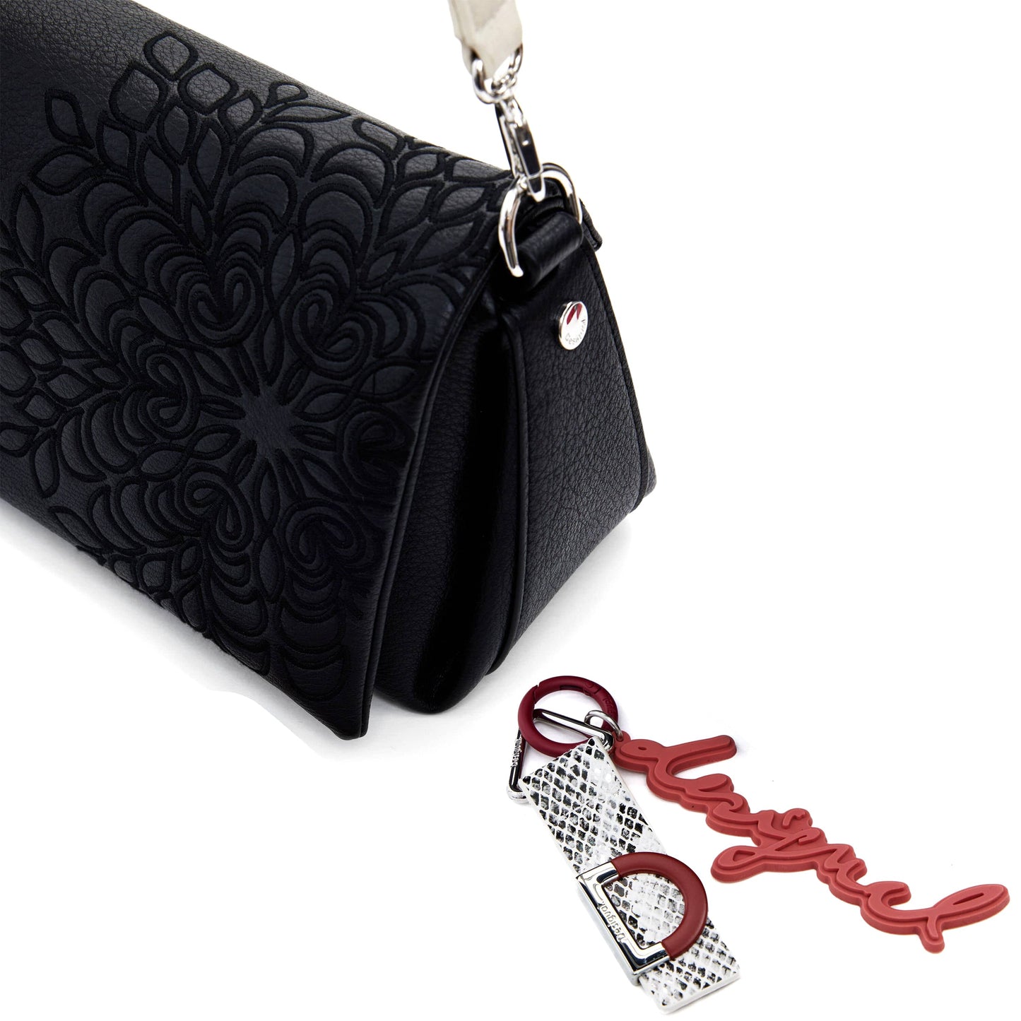 Desigual Black Embossed Shoulder Bag with Studded Strap and Signature Charm