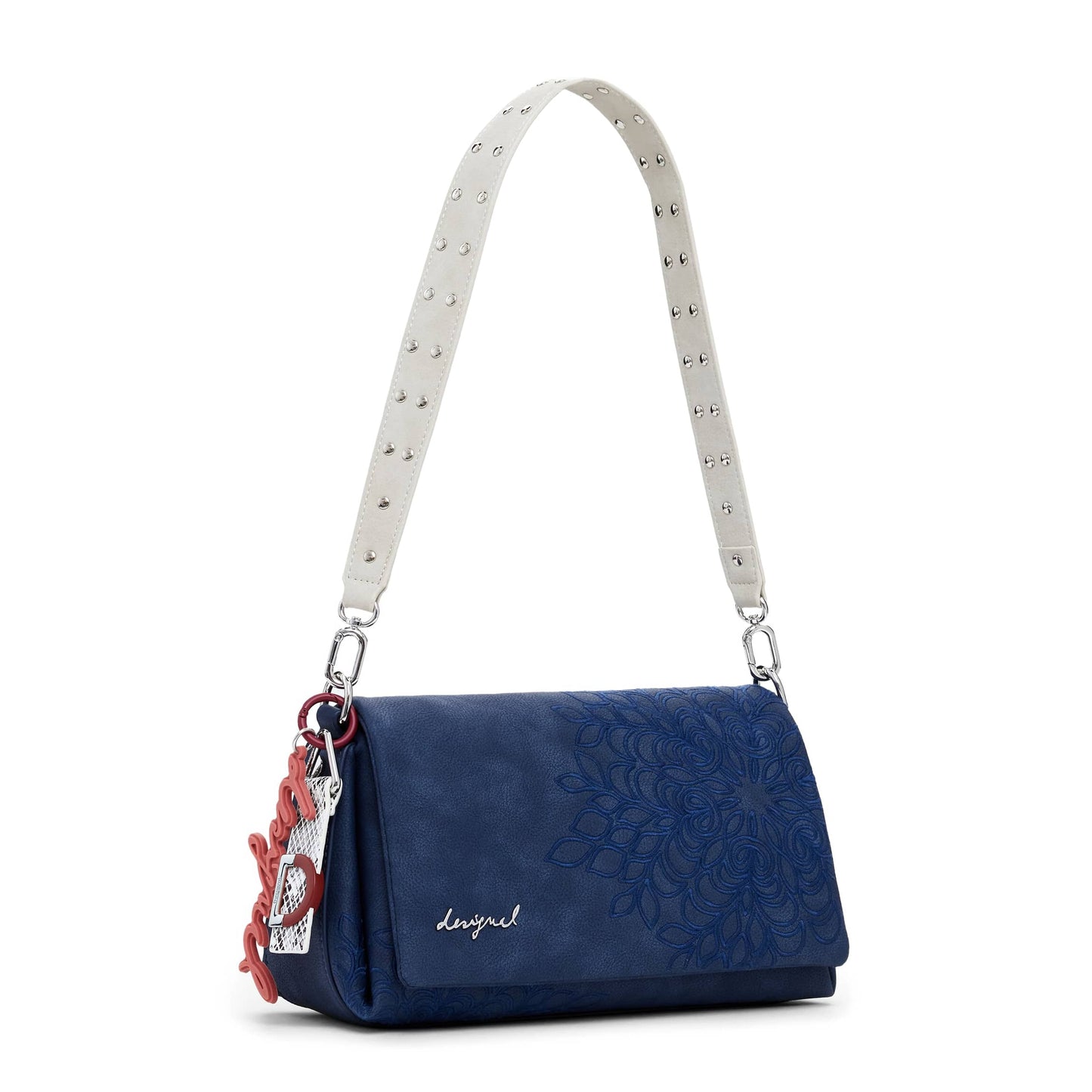 Desigual Blue Embossed Bag with White Studded Strap and Signature Charm