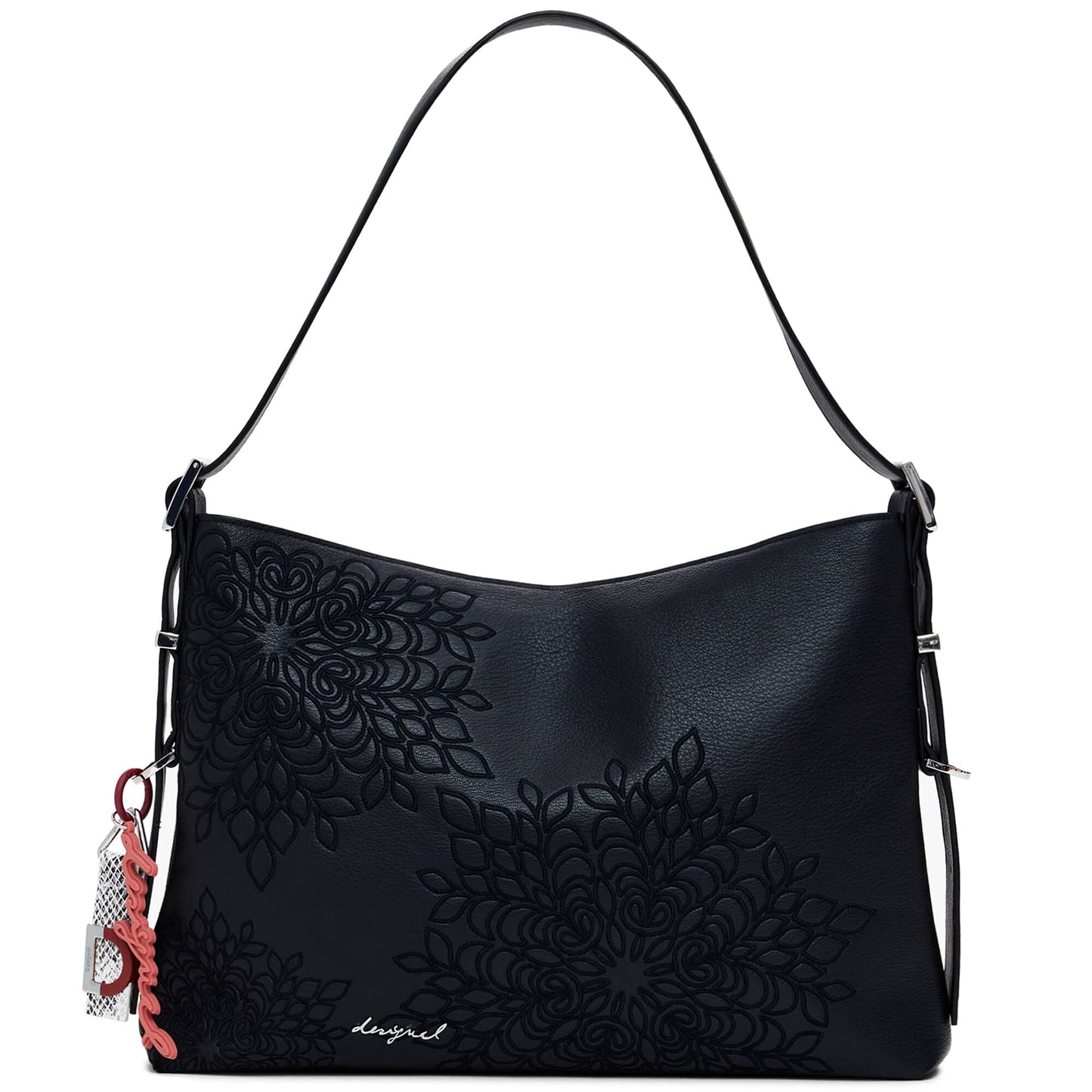 Desigual Embossed Floral Black Shoulder Bag with Charm Details