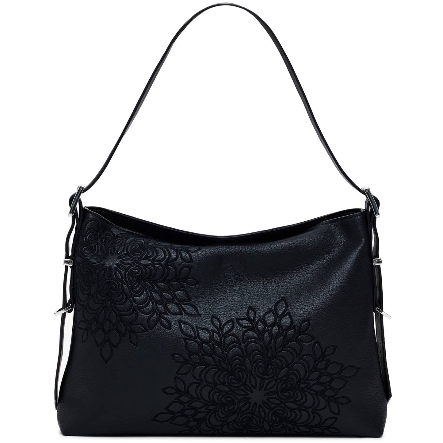 Desigual Embossed Floral Black Shoulder Bag with Charm Details
