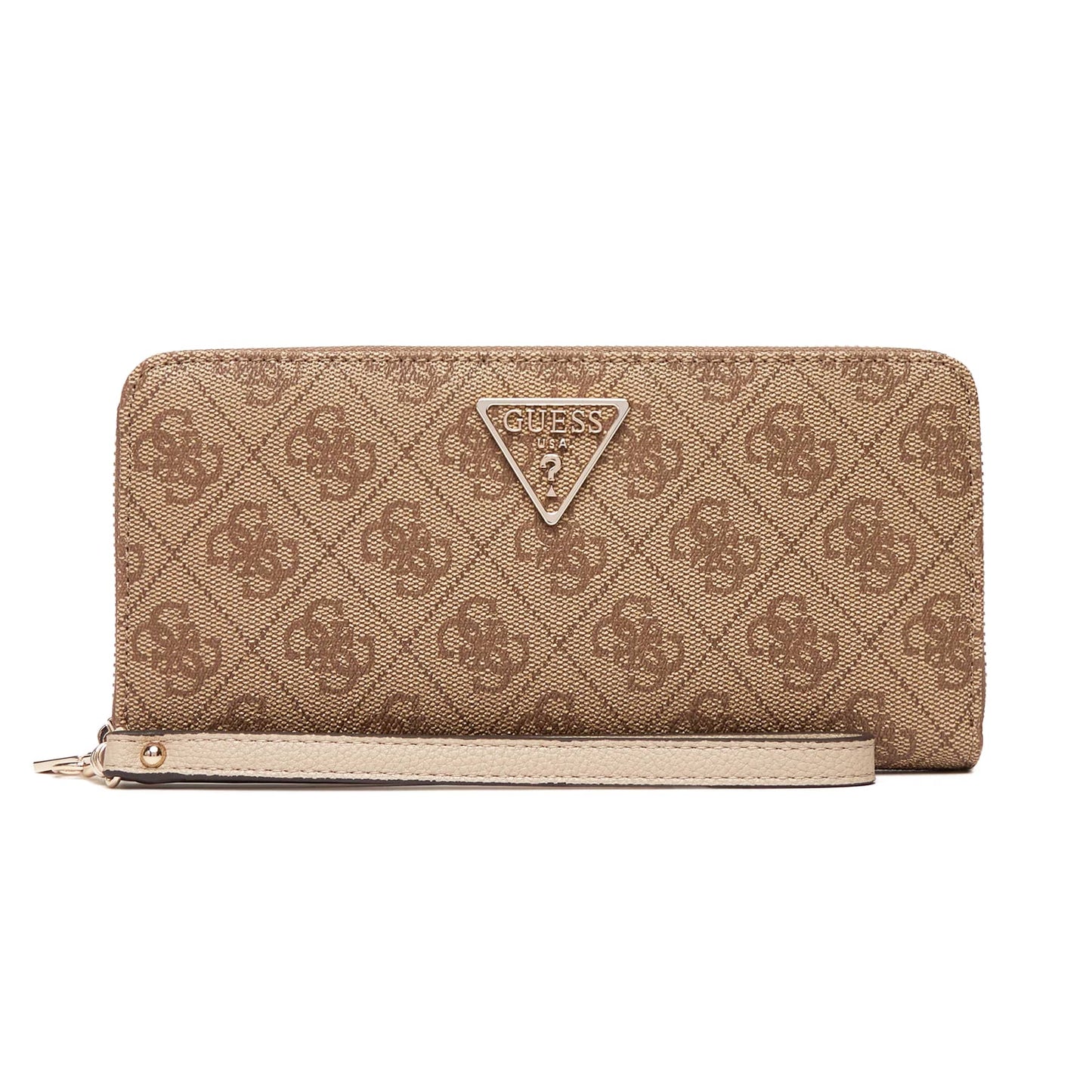Guess Beige Logo Patterned Wristlet Wallet with Signature Triangle Emblem