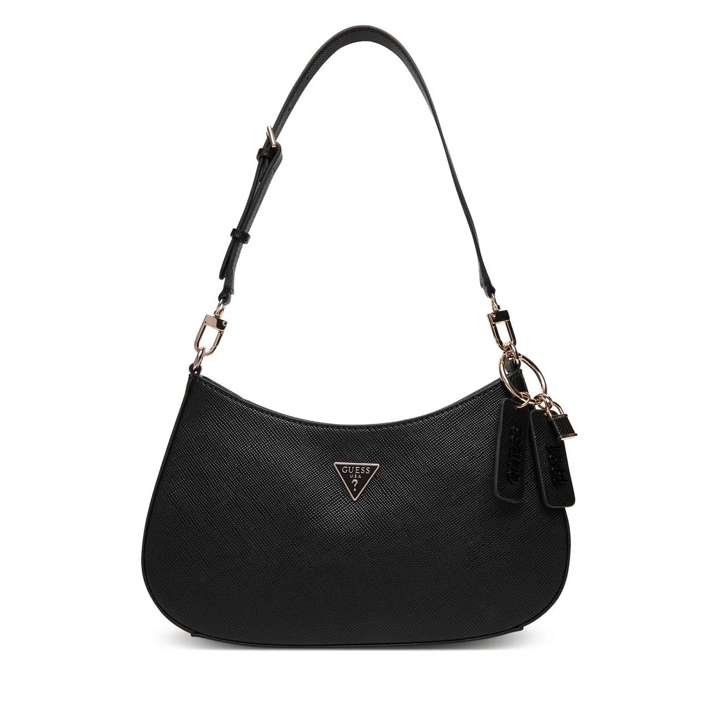 Guess Black Textured Shoulder Bag with Gold Triangle Logo and Tag Accents