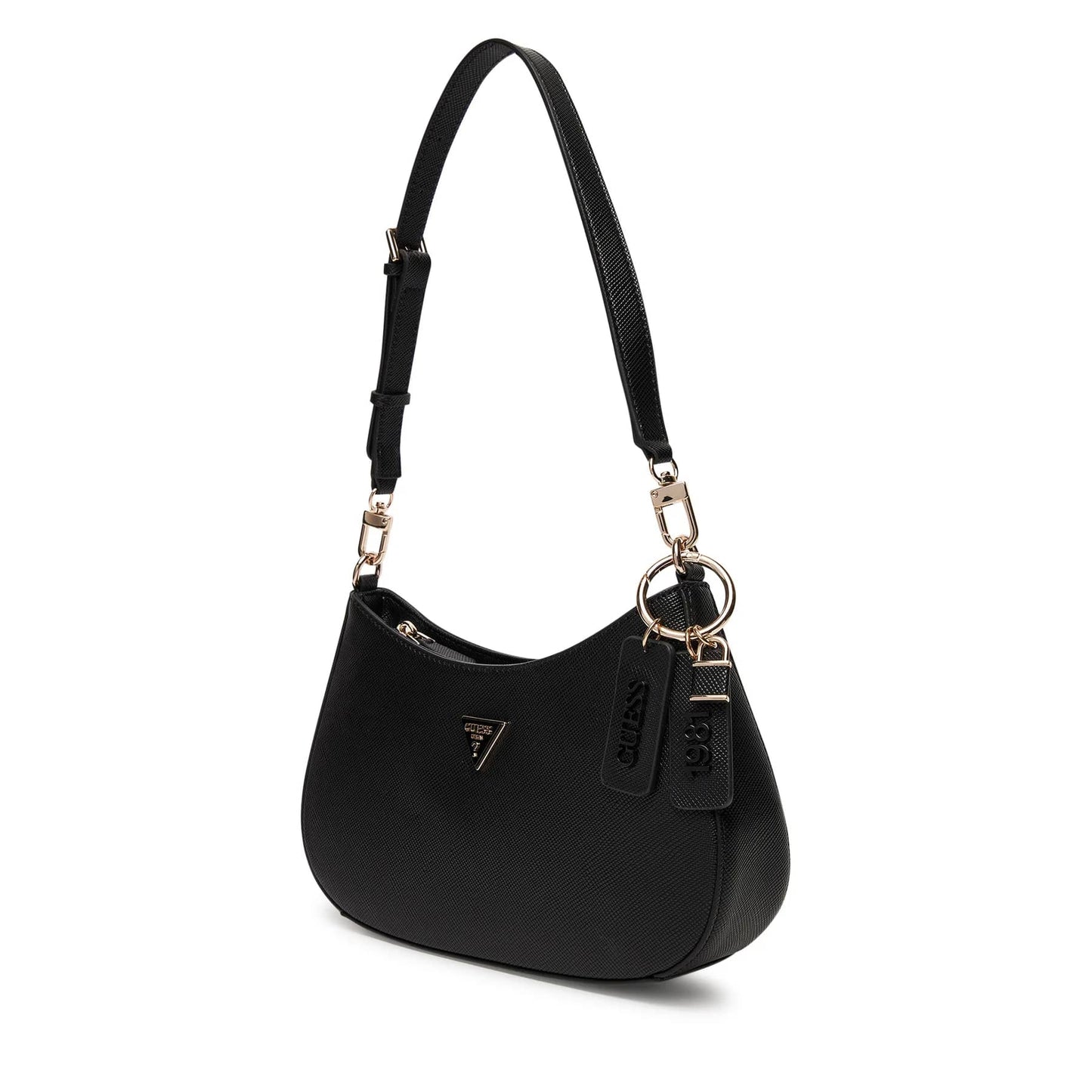 Guess Black Textured Shoulder Bag with Gold Triangle Logo and Tag Accents