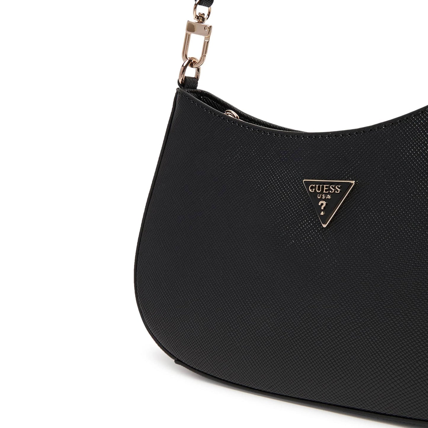 Guess Black Textured Shoulder Bag with Gold Triangle Logo and Tag Accents