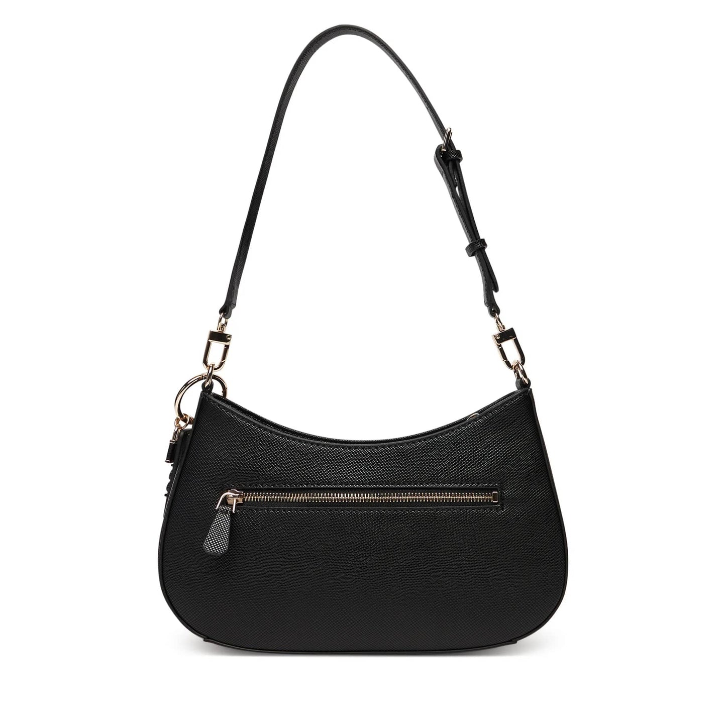Guess Black Textured Shoulder Bag with Gold Triangle Logo and Tag Accents