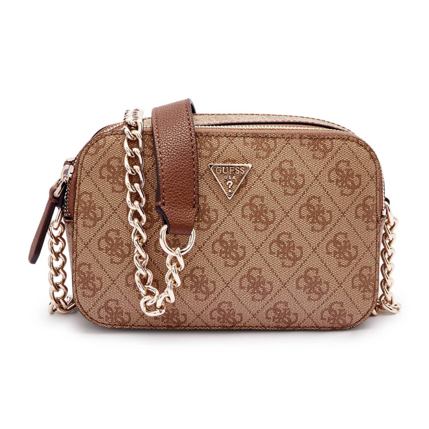 Guess Brown Logo-Pattern Bag with Gold Chain Strap and Central Emblem