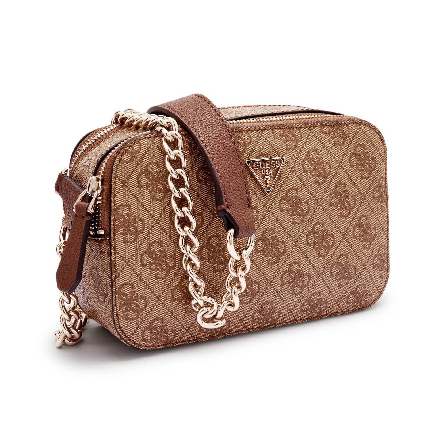 Guess Brown Logo-Pattern Bag with Gold Chain Strap and Central Emblem