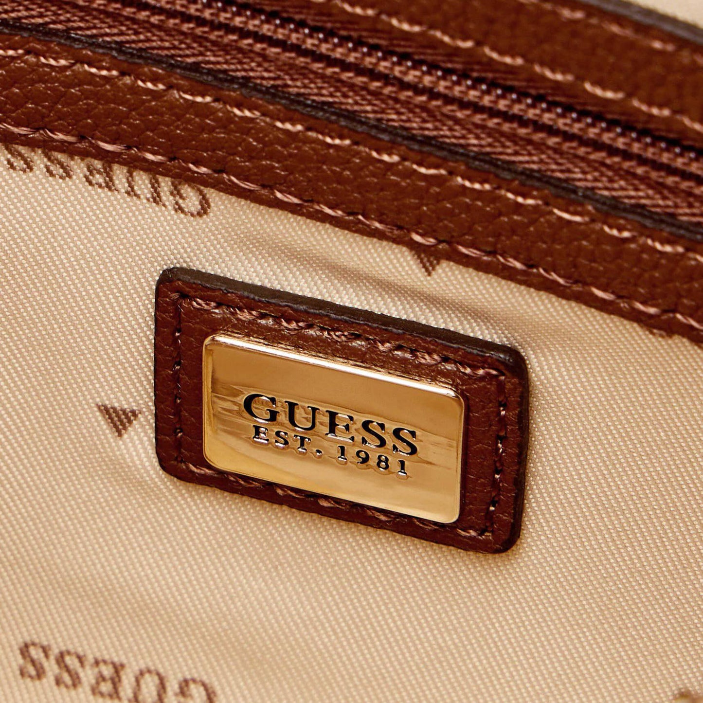Guess Brown Logo-Pattern Bag with Gold Chain Strap and Central Emblem