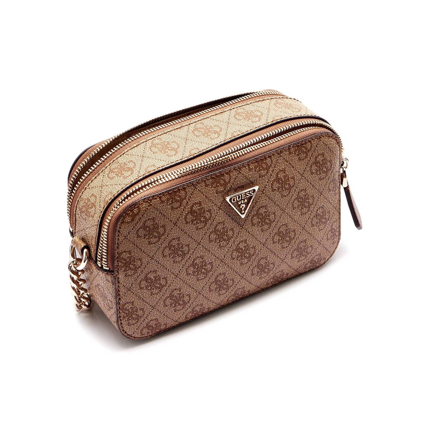 Guess Brown Logo-Pattern Bag with Gold Chain Strap and Central Emblem