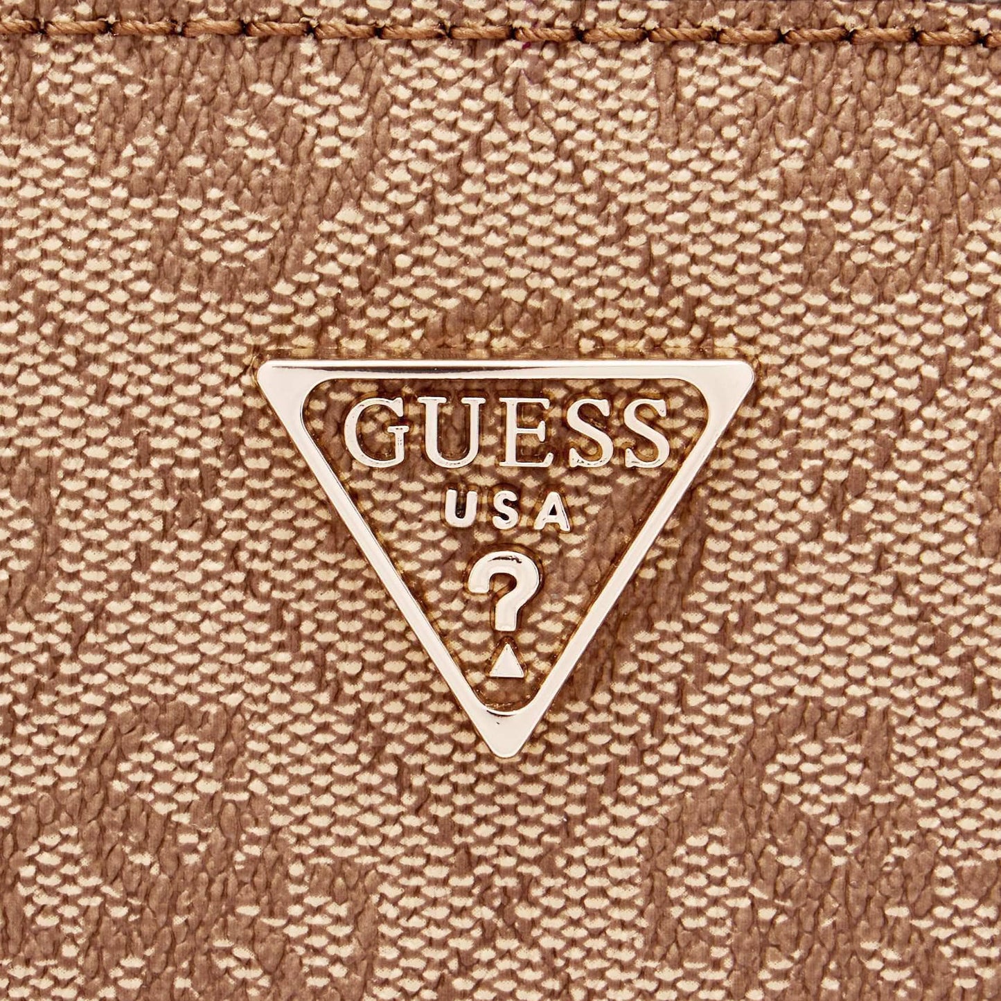Guess Brown Logo-Pattern Bag with Gold Chain Strap and Central Emblem