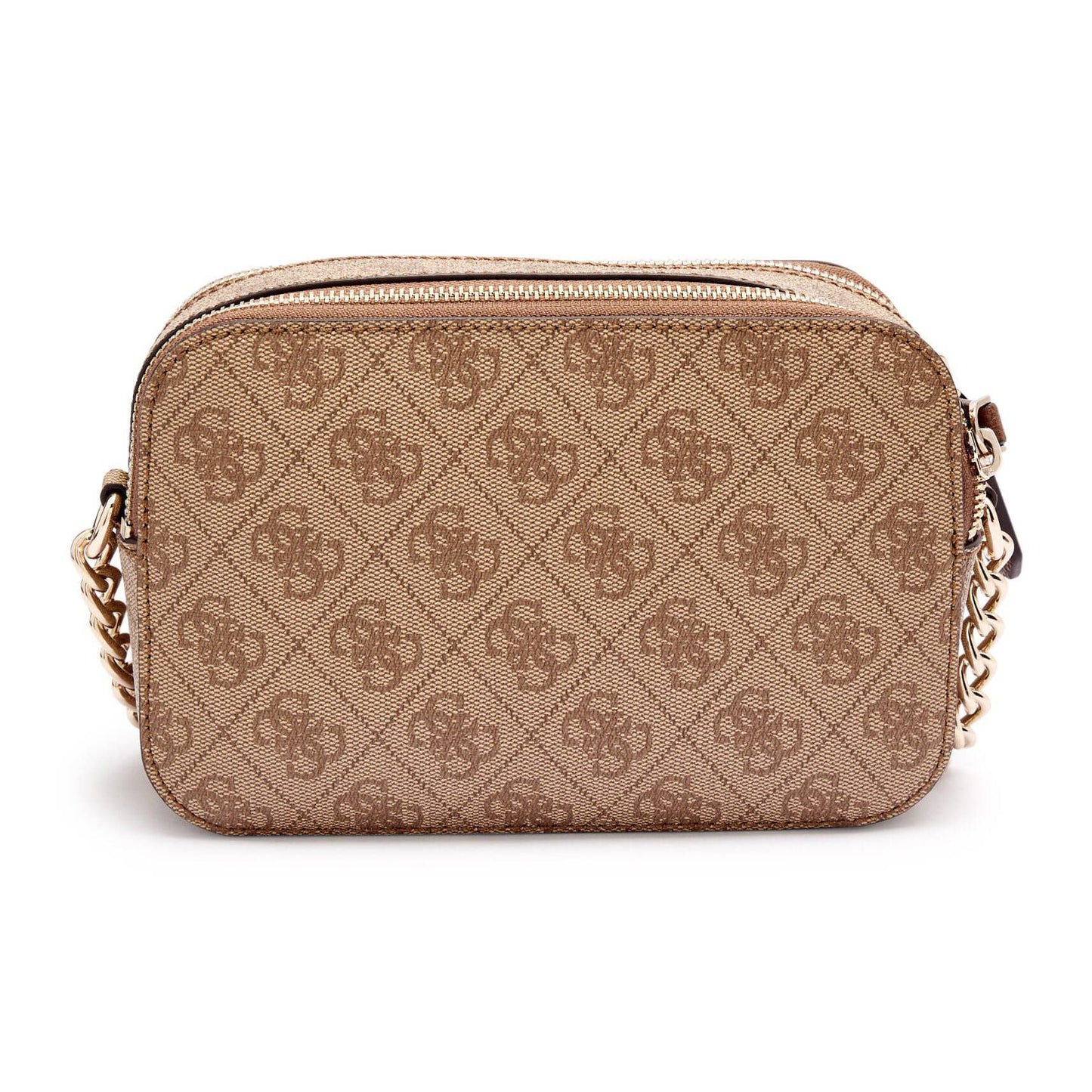 Guess Brown Logo-Pattern Bag with Gold Chain Strap and Central Emblem