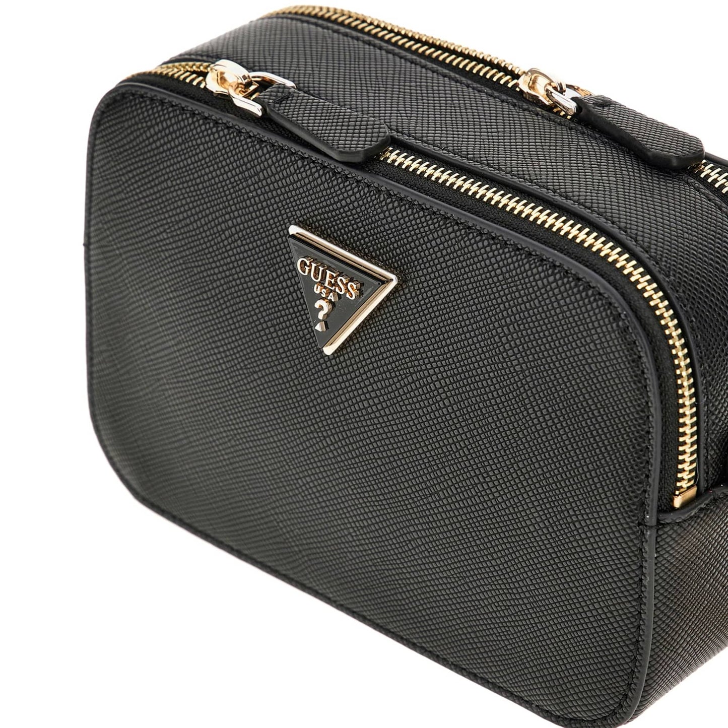 Guess Textured Black Handbag with Gold Triangle Logo and Chain Strap