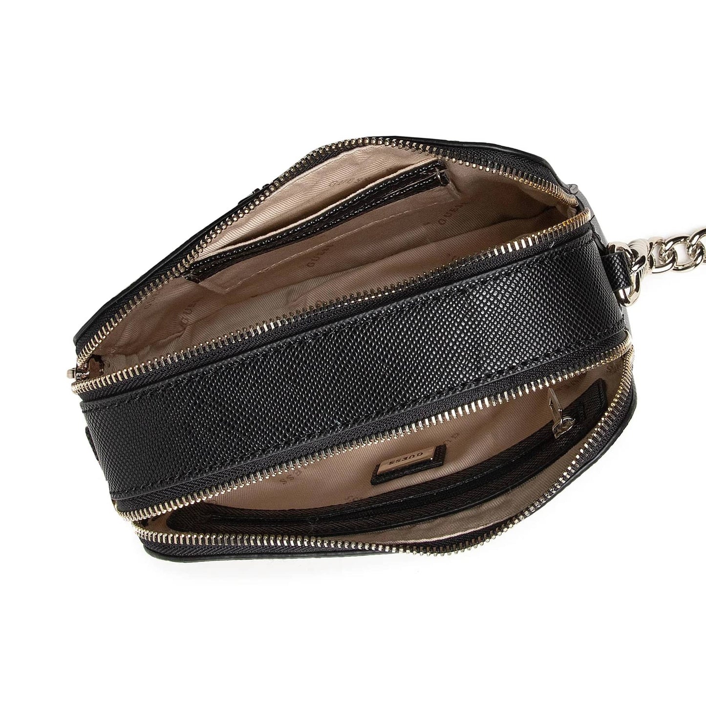 Guess Textured Black Handbag with Gold Triangle Logo and Chain Strap