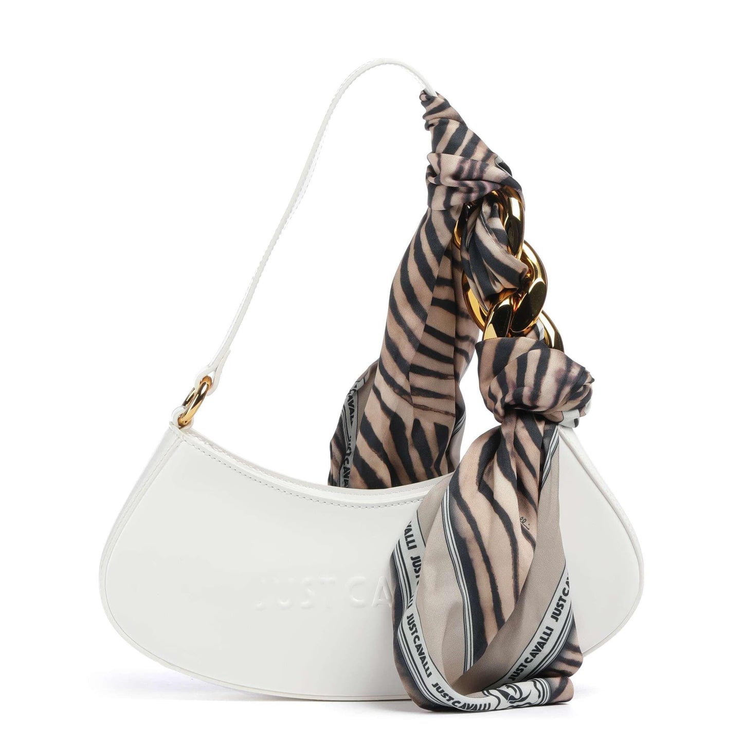 Just Cavalli Chain Foulard Shoulder Bag in White with Zebra-Print Scarf Detail