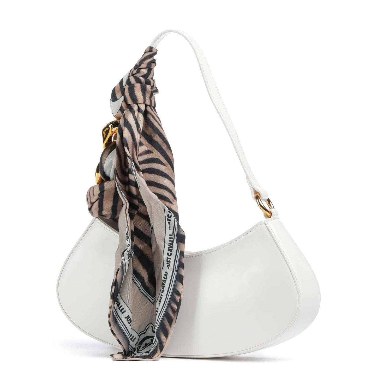 Just Cavalli Chain Foulard Shoulder Bag in White with Zebra-Print Scarf Detail