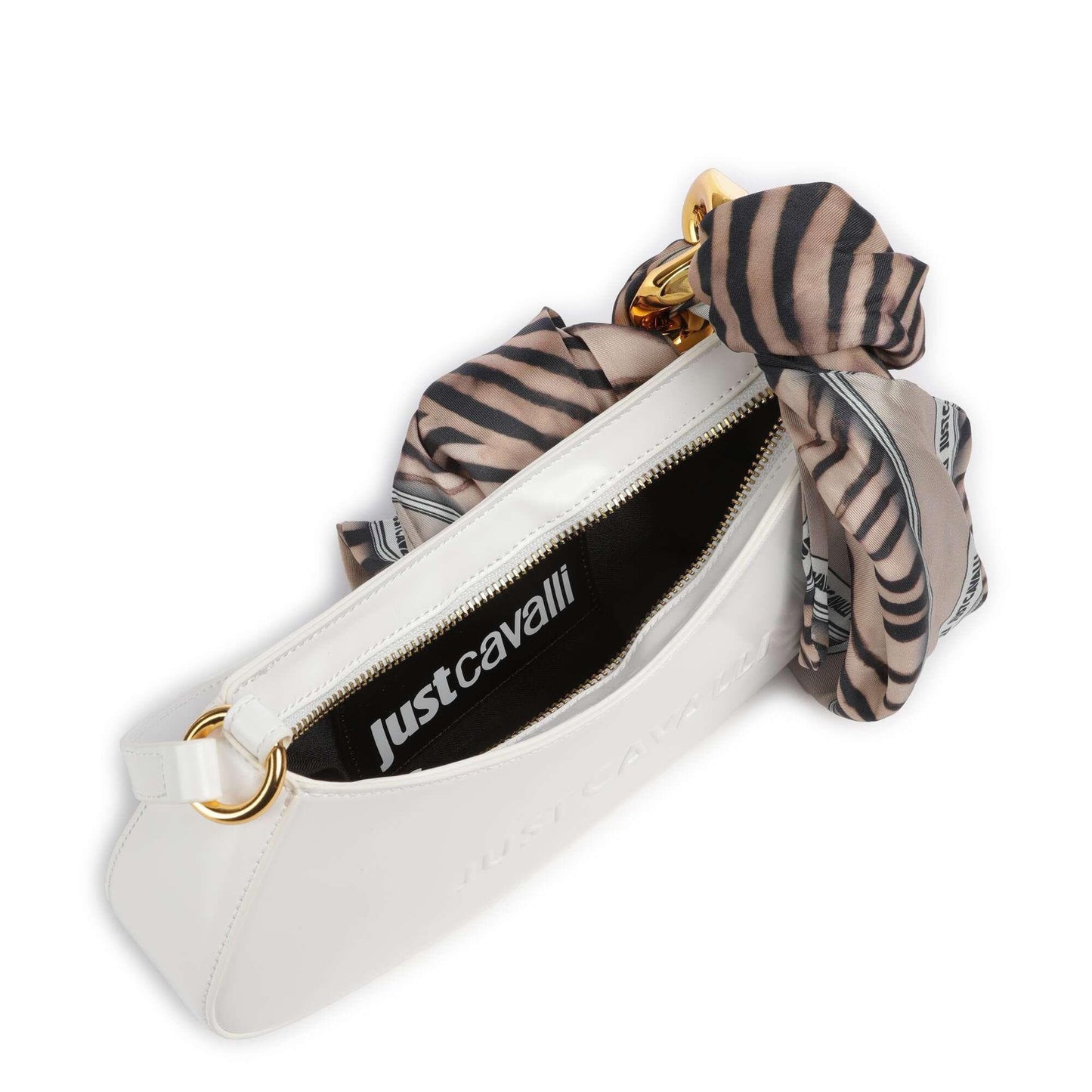 Just Cavalli Chain Foulard Shoulder Bag in White with Zebra-Print Scarf Detail