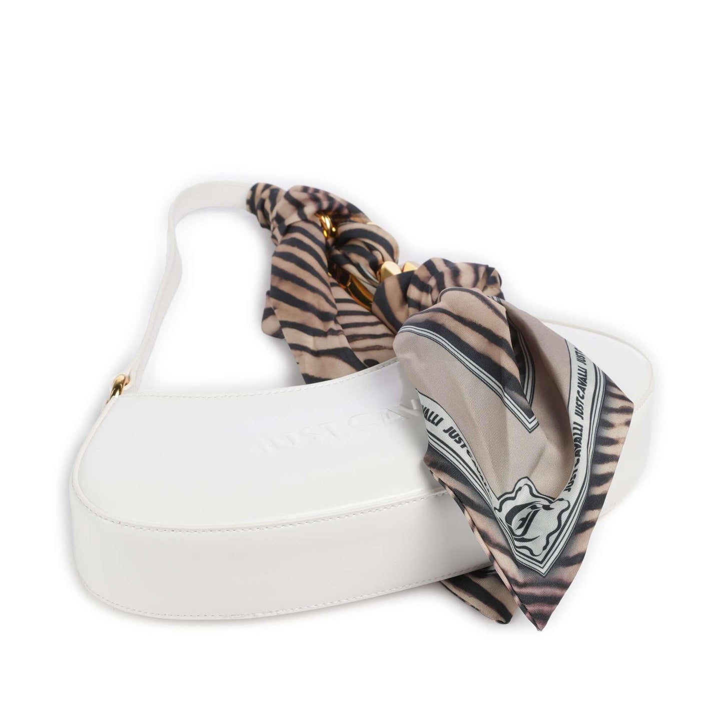 Just Cavalli Chain Foulard Shoulder Bag in White with Zebra-Print Scarf Detail