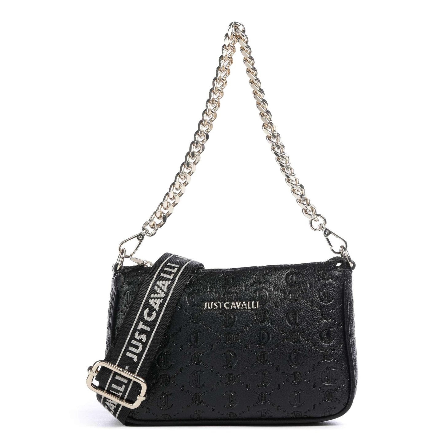 Just Cavalli All Over Gothic Shoulder Bag in Black with Logo Embossed