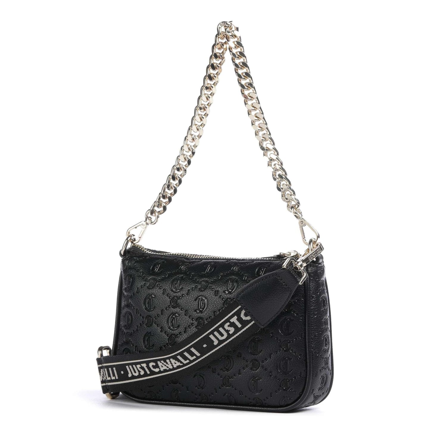 Just Cavalli All Over Gothic Shoulder Bag in Black with Logo Embossed