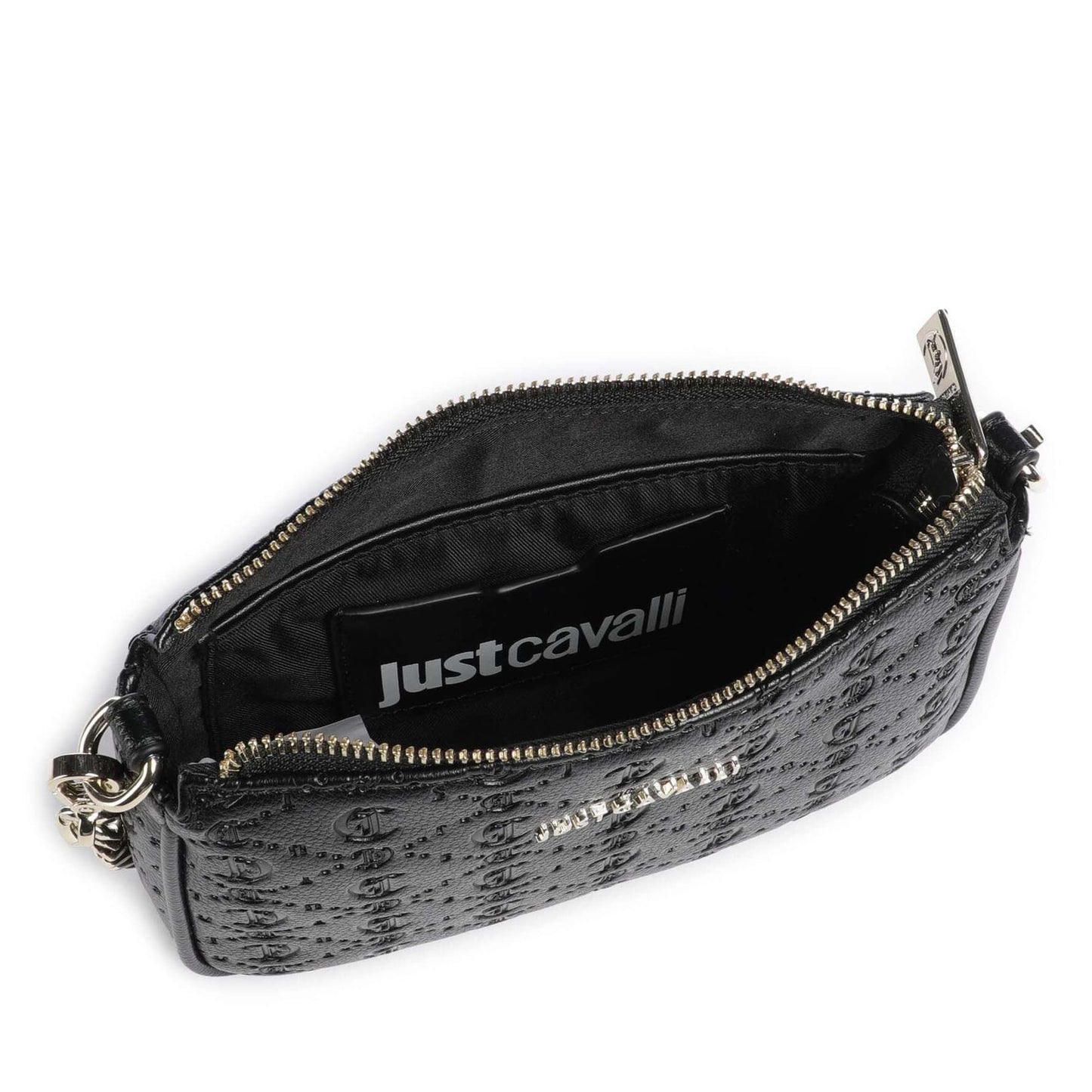 Just Cavalli All Over Gothic Shoulder Bag in Black with Logo Embossed