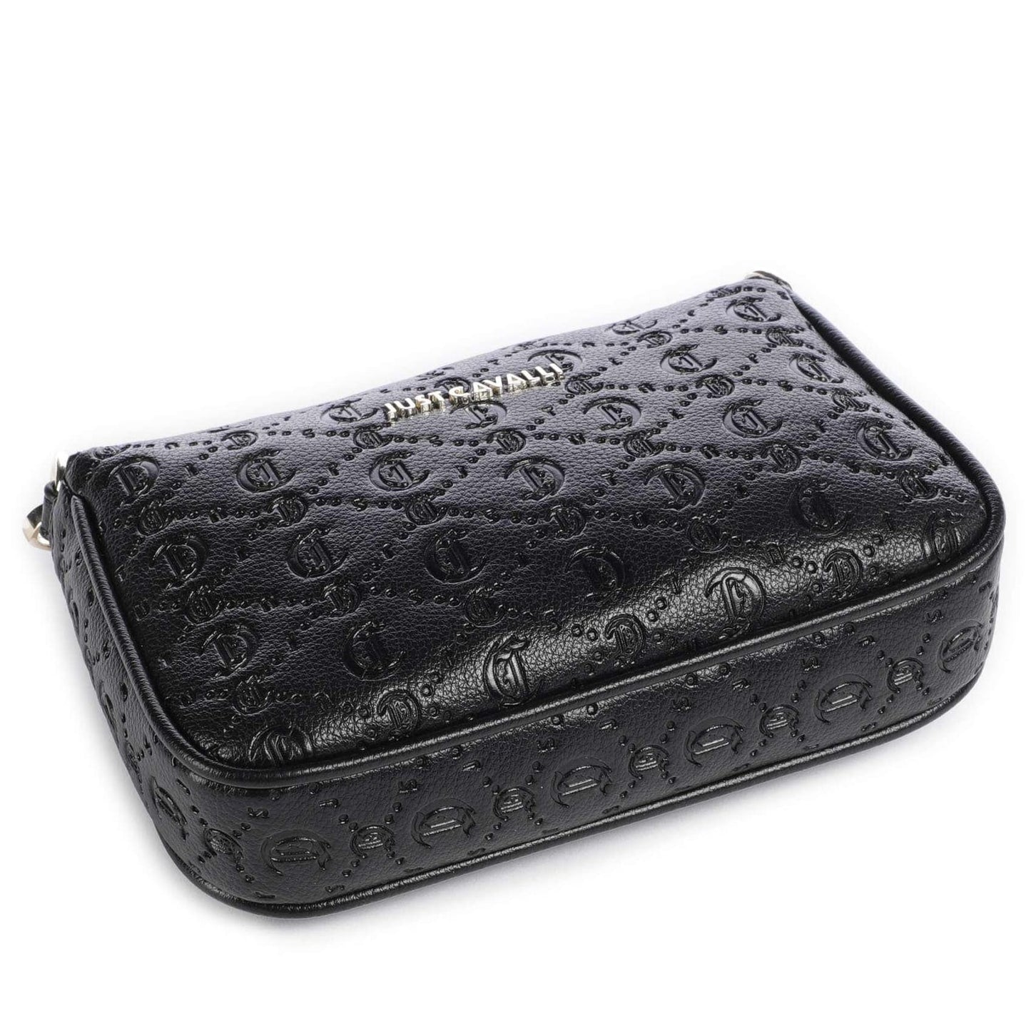 Just Cavalli All Over Gothic Shoulder Bag in Black with Logo Embossed