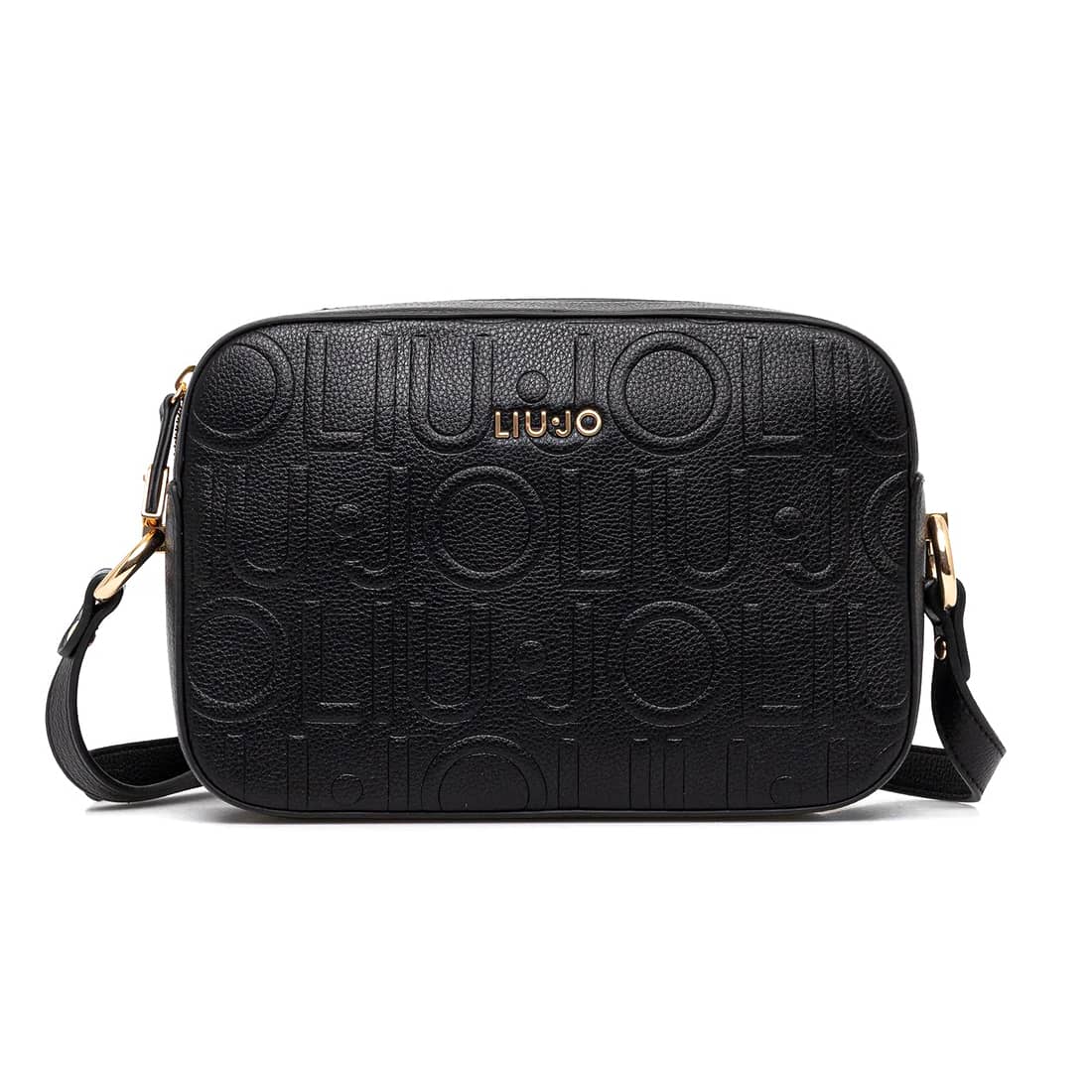 Liu Jo Black Logo-Textured Bag with Gold Lettering and Adjustable Strap