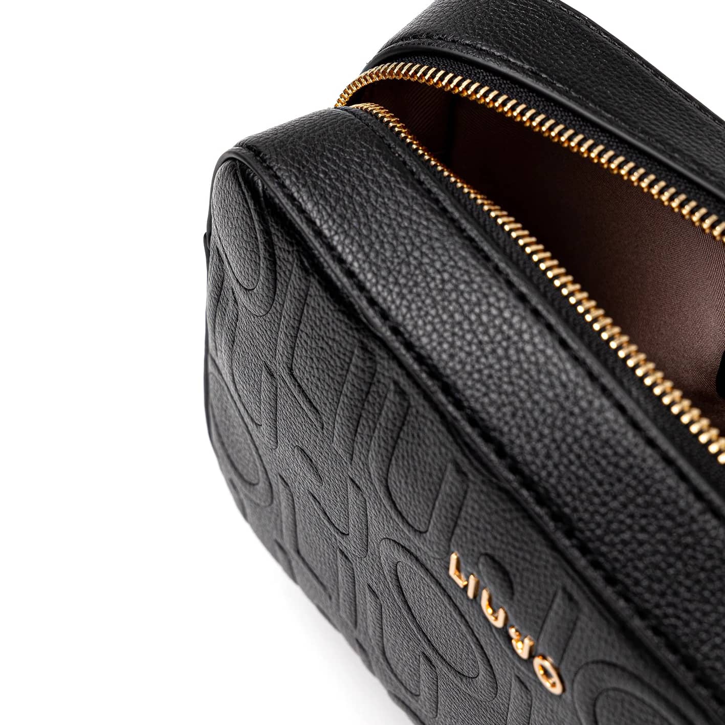 Liu Jo Black Logo-Textured Bag with Gold Lettering and Adjustable Strap