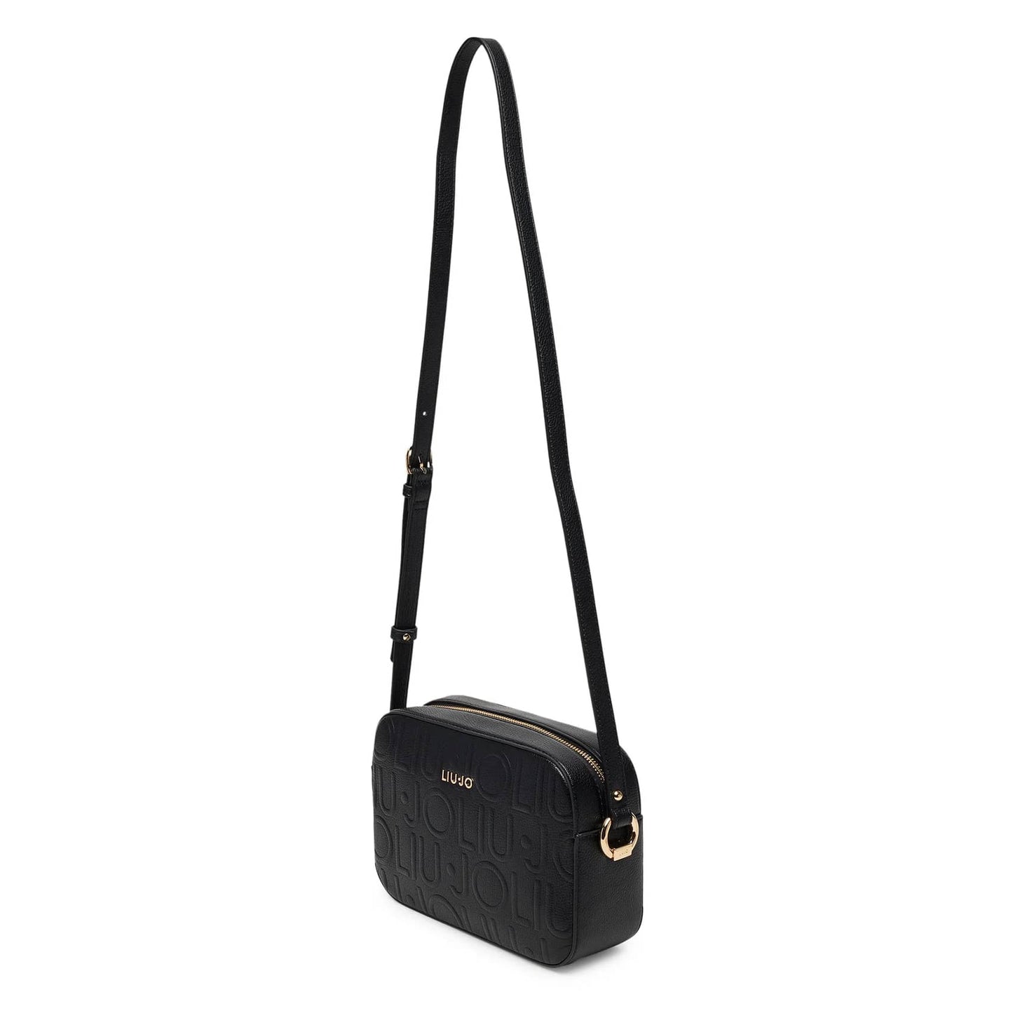 Liu Jo Black Logo-Textured Bag with Gold Lettering and Adjustable Strap