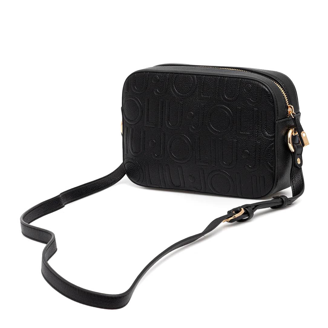Liu Jo Black Logo-Textured Bag with Gold Lettering and Adjustable Strap