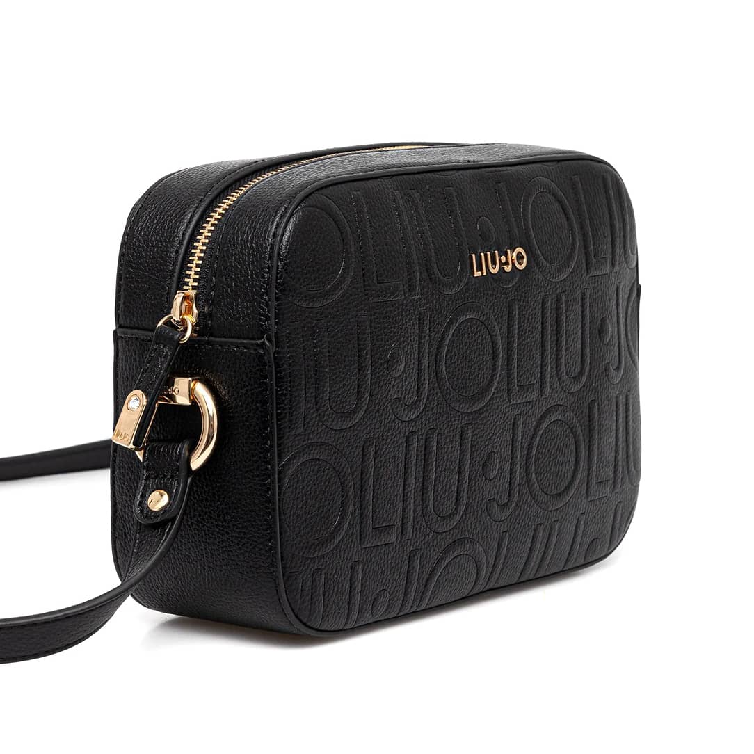 Liu Jo Black Logo-Textured Bag with Gold Lettering and Adjustable Strap