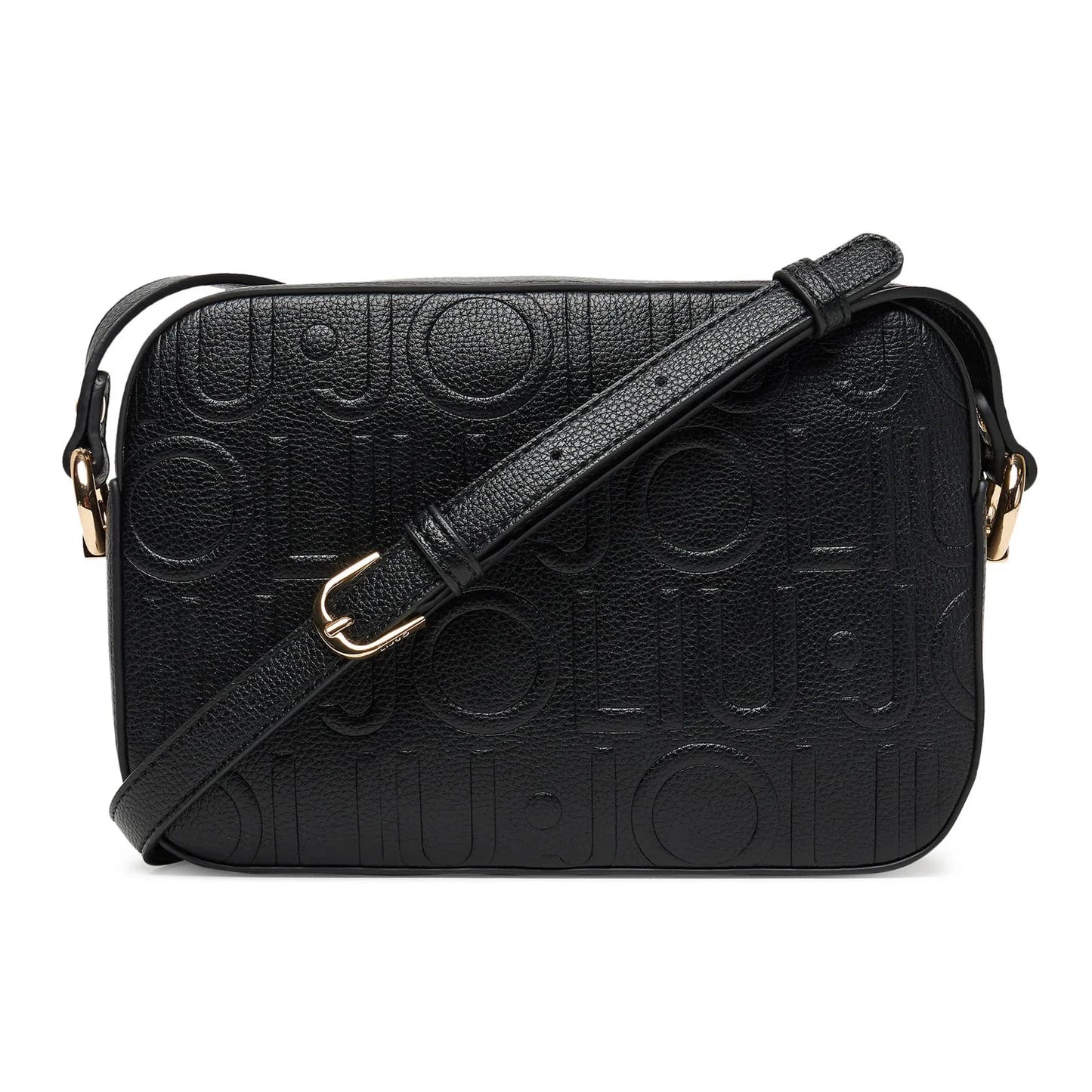 Liu Jo Black Logo-Textured Bag with Gold Lettering and Adjustable Strap