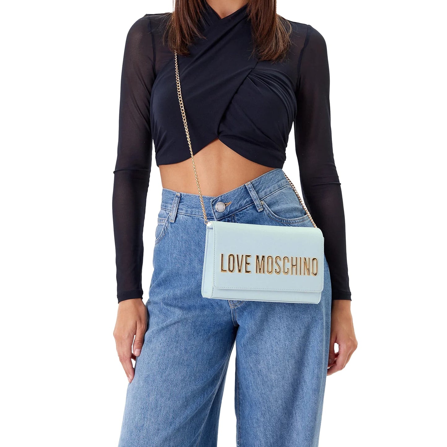 Love Moschino Light Blue Crossbody Bag with Gold Logo Detail