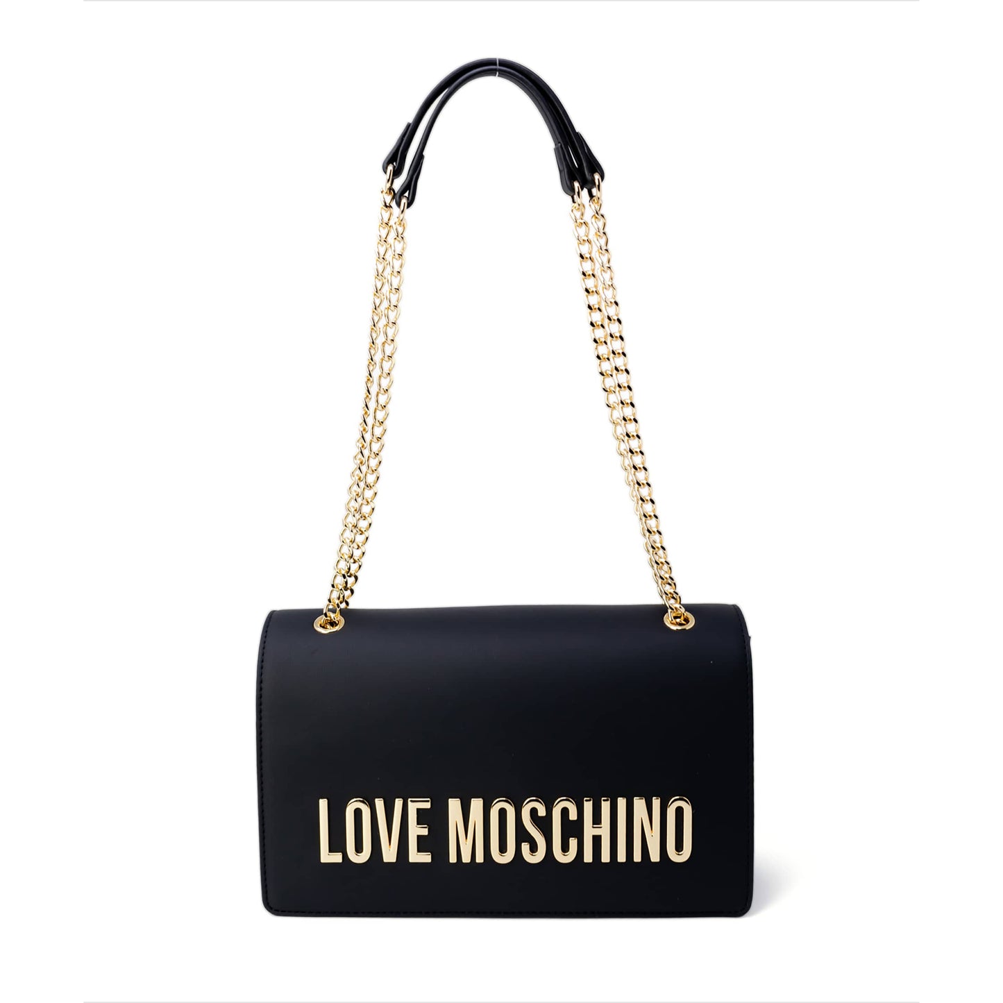 Love Moschino Black Shoulder Bag with Bold Gold Logo and Chain Straps