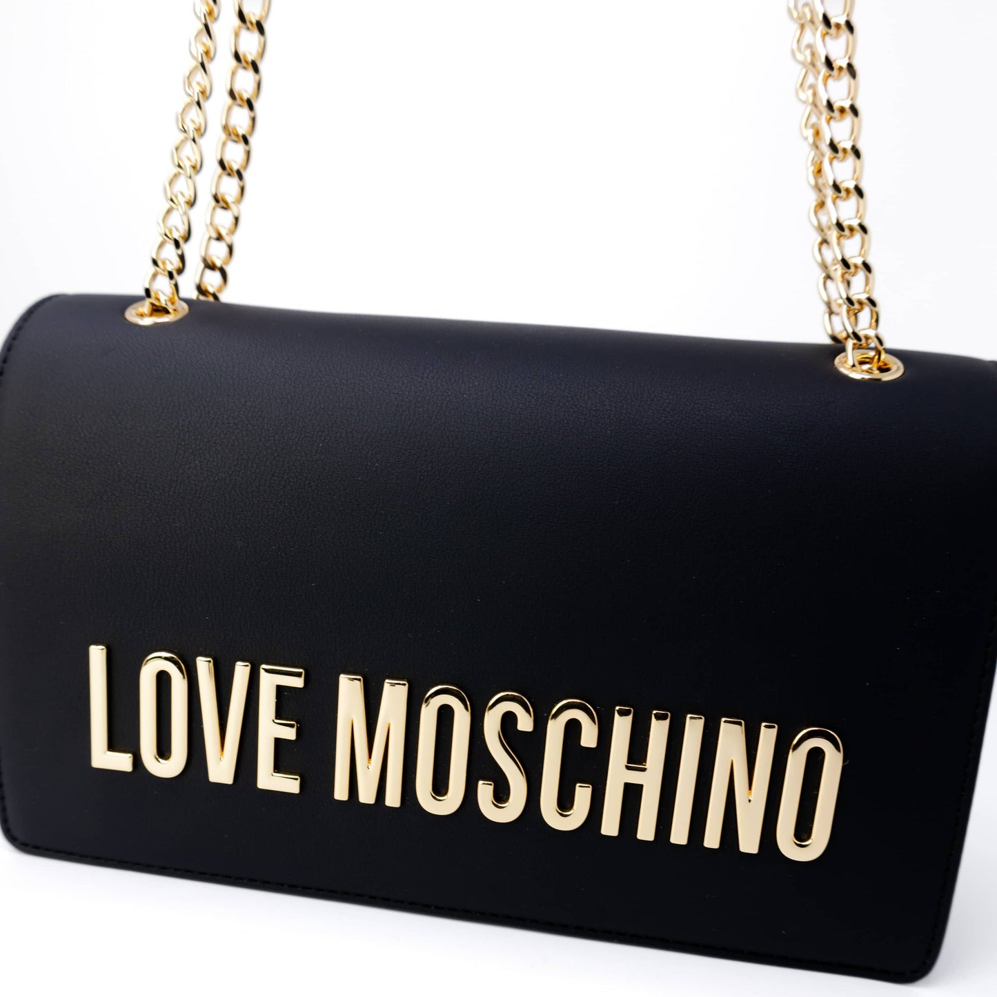 Love Moschino Black Shoulder Bag with Bold Gold Logo and Chain Straps