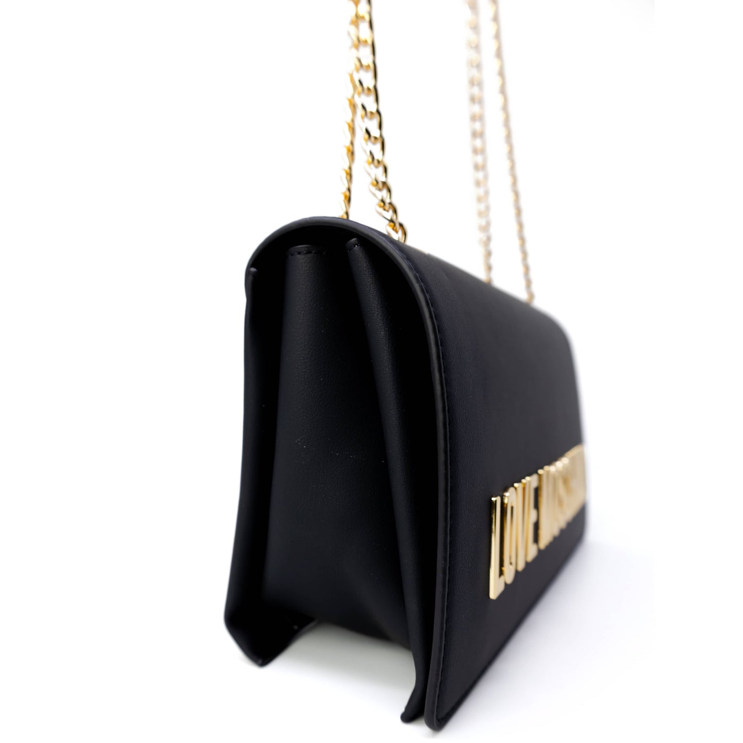 Love Moschino Black Shoulder Bag with Bold Gold Logo and Chain Straps