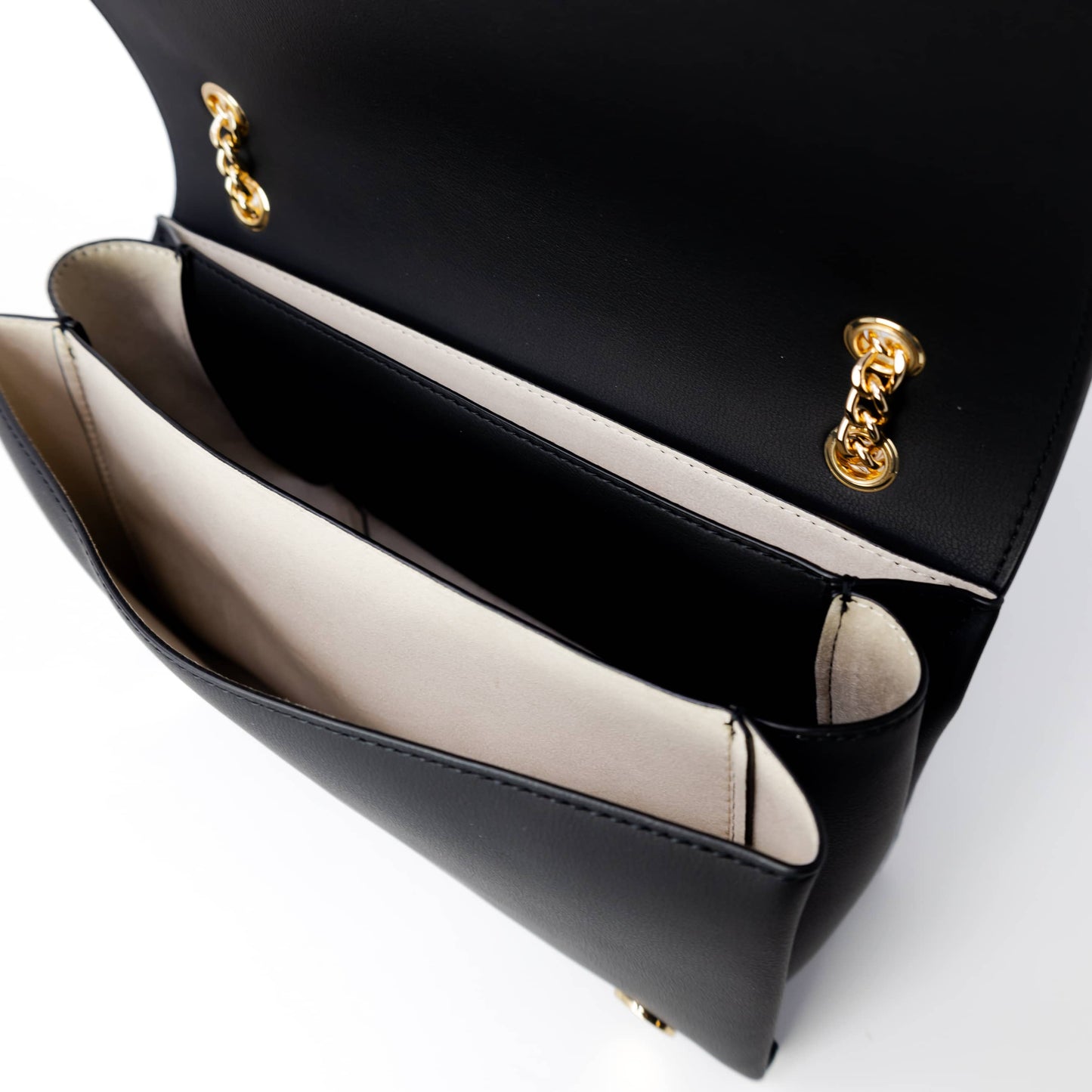 Love Moschino Black Shoulder Bag with Bold Gold Logo and Chain Straps