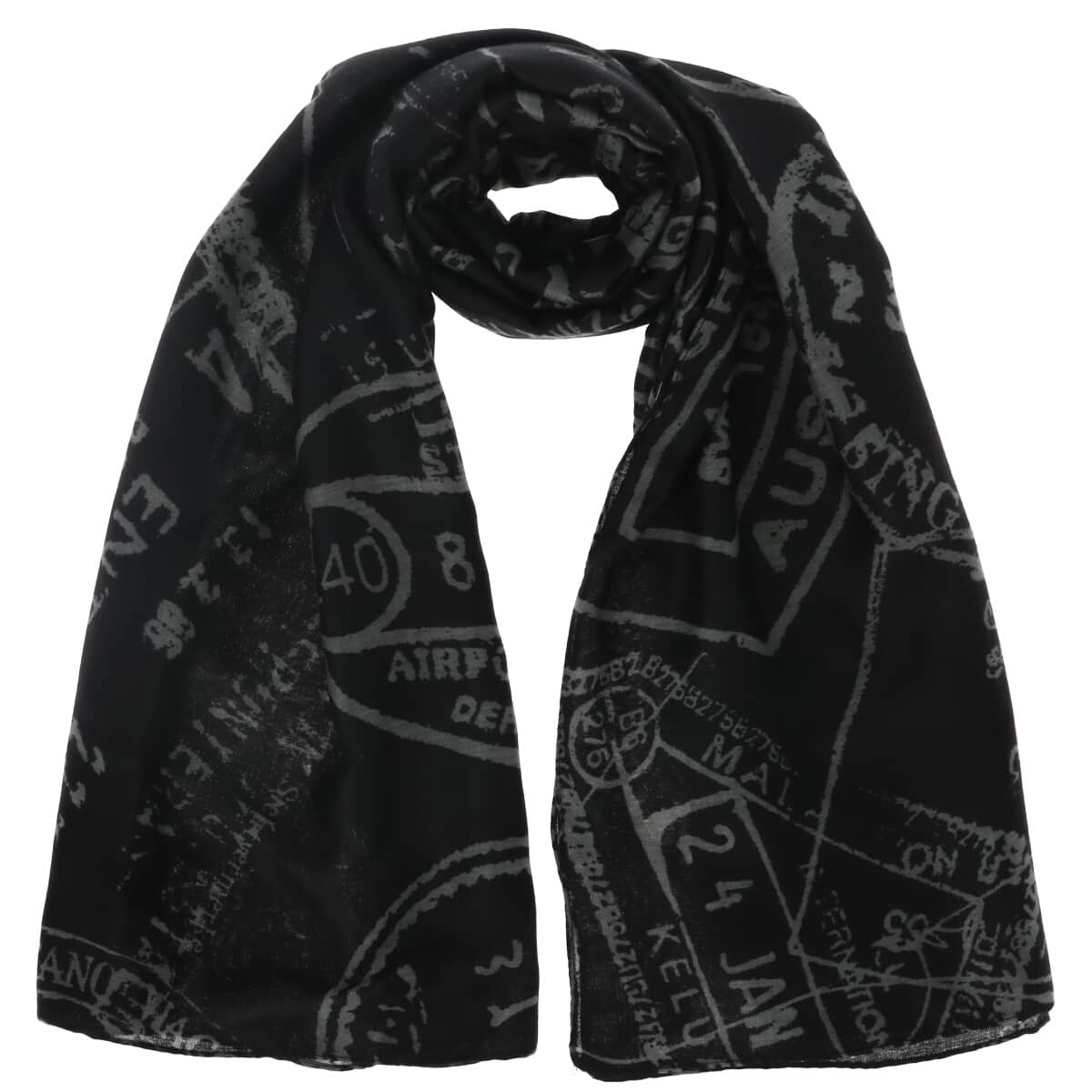 ALV by Alviero Martini Black Scarf with Travel-Inspired Print