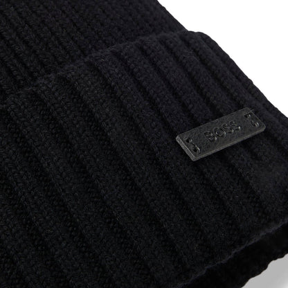 BOSS Black Ribbed Beanie with Logo Tag