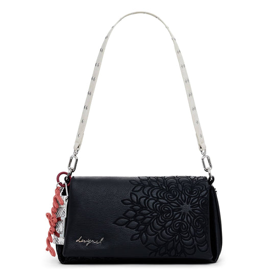 Desigual Black Embossed Shoulder Bag with Studded Strap and Signature Charm