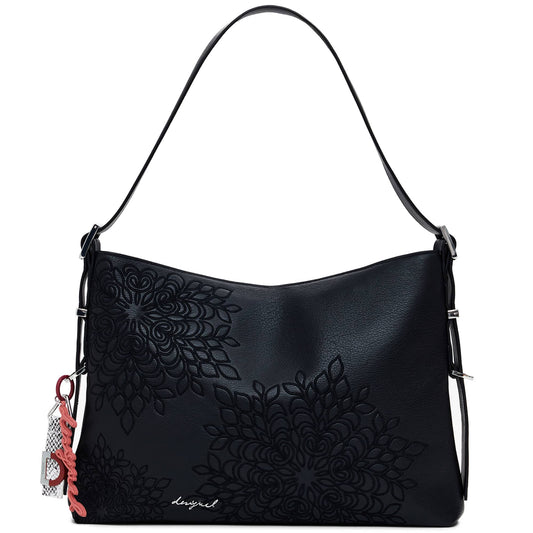 Desigual Embossed Floral Black Shoulder Bag with Charm Details