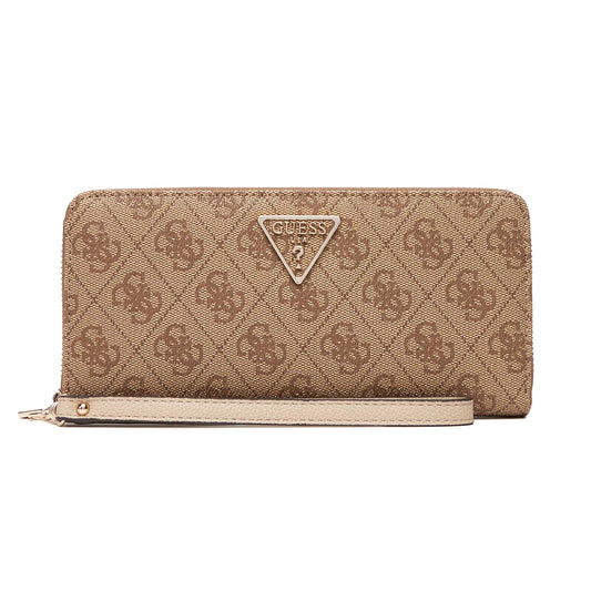 Guess Beige Logo Patterned Wristlet Wallet with Signature Triangle Emblem