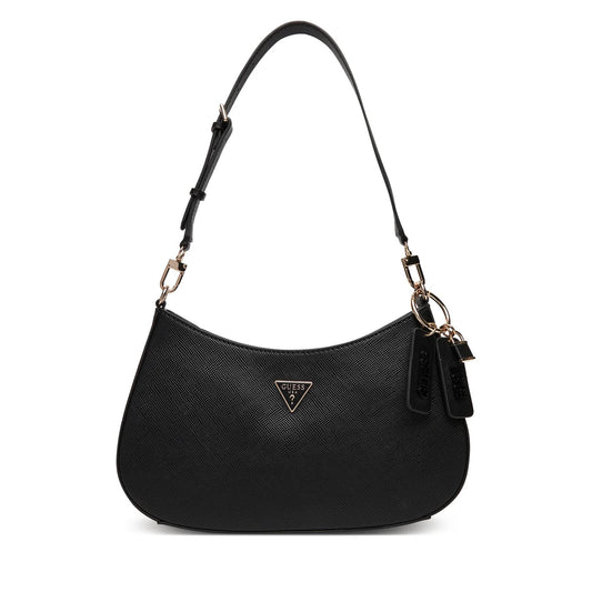 Guess Black Textured Shoulder Bag with Gold Triangle Logo and Tag Accents