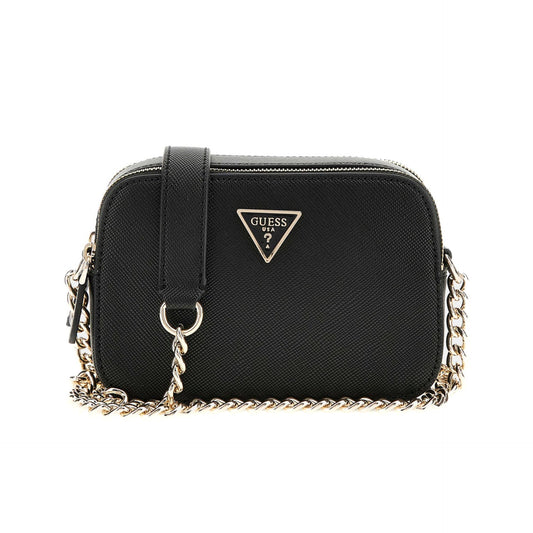 Guess Textured Black Handbag with Gold Triangle Logo and Chain Strap