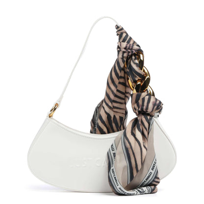 Just Cavalli Chain Foulard Shoulder Bag in White with Zebra-Print Scarf Detail