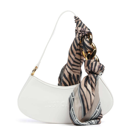 Just Cavalli Chain Foulard Shoulder Bag in White with Zebra-Print Scarf Detail
