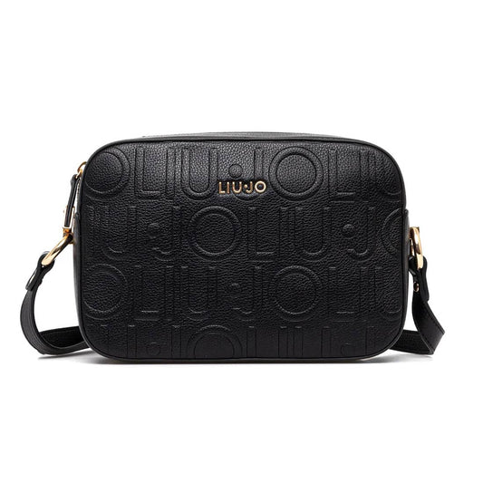 Liu Jo Black Logo-Textured Bag with Gold Lettering and Adjustable Strap