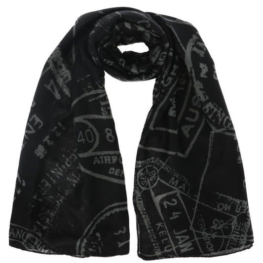 ALV by Alviero Martini Black Scarf with Travel-Inspired Print