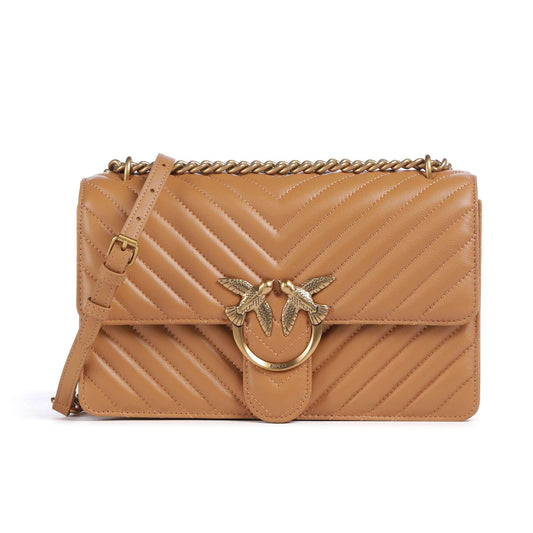 Pinko Love One Classic Shoulder Bag in Light Brown Sheepskin Leather
